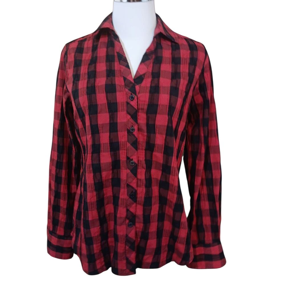 FOXCROFT Blouse‎ Top Button Shirt 4 Shaped Fit Tucks Red Black Plaid Career Work